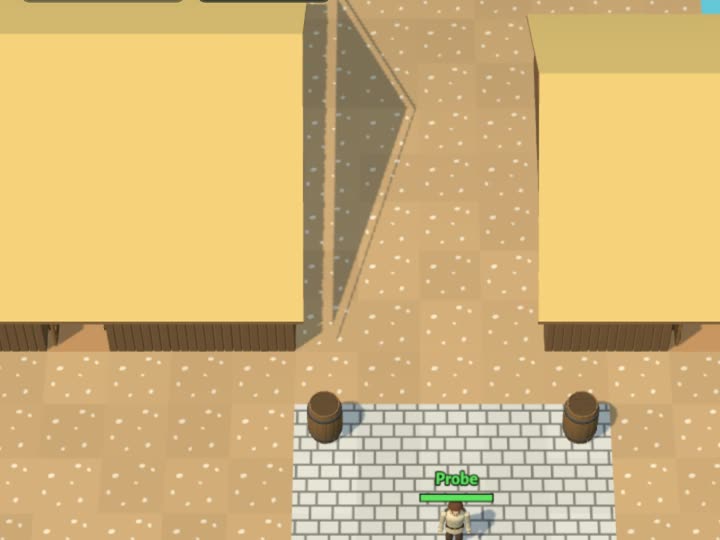 A sandy street in Port Merrow between two yellow-roofed houses, barrels by a stone step