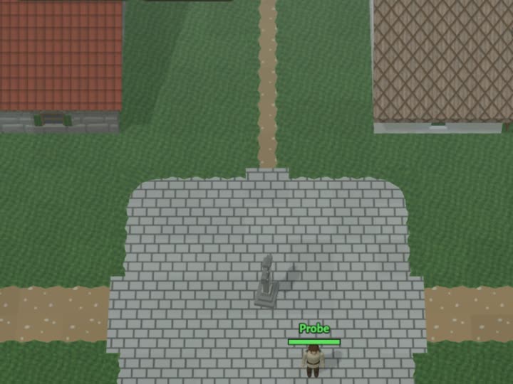 Dunmore's cobbled square from above, with a statue at its centre and roofs around it